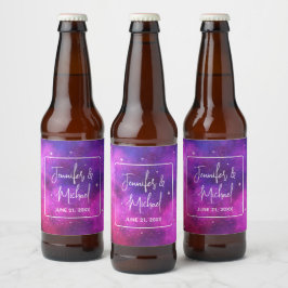 Rosa & Lila Space & Stars Faux Galaxy Bröllop Ölflaska Etikett