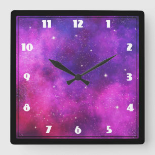 Rosa & Lila Space & Stars Faux Galaxy Fyrkantig Klocka