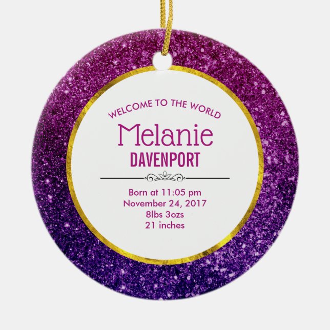 Rosa & Lila Sparkling Glitter Gemstones Birth Julgransprydnad Keramik (Framsidan)