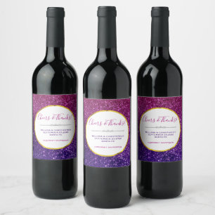 Rosa & Lila Sparkling Glitter Gemstones Bröllop Vinflaska Etikett