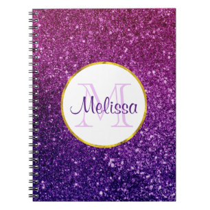 Rosa & Lila Sparkling Glitter Gemstones Monogram Anteckningsbok
