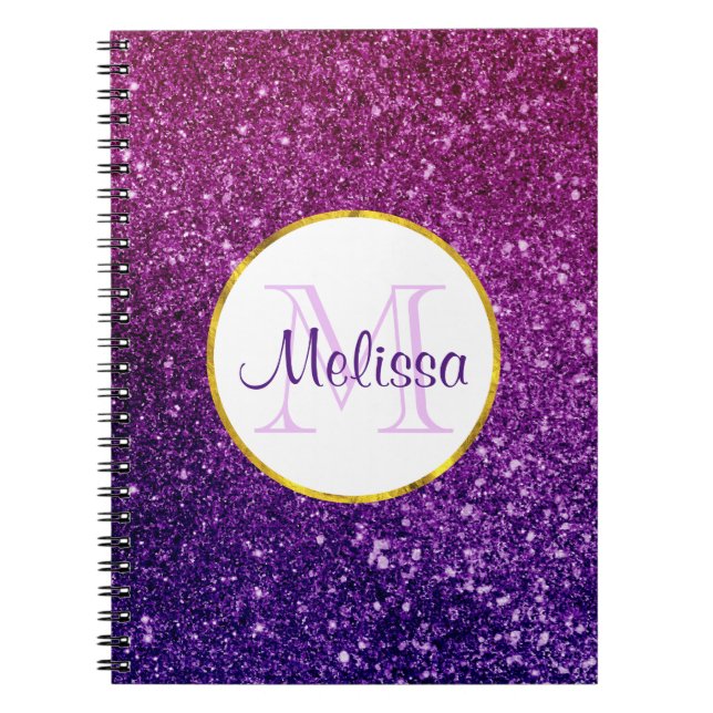 Rosa & Lila Sparkling Glitter Gemstones Monogram Anteckningsbok (Framsidan)