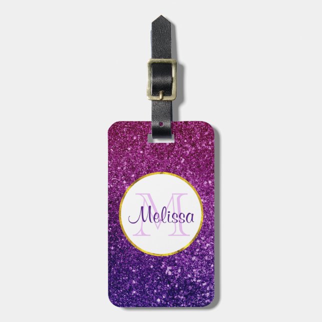 Rosa & Lila Sparkling Glitter Gemstones Monogram Bagagebricka (Vertikal Framsida)