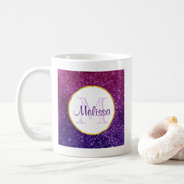 Rosa & Lila Sparkling Glitter Gemstones Monogram Kaffemugg (Med munk)