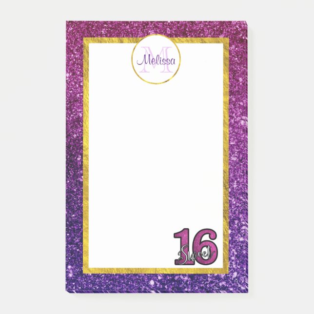 Rosa & Lila Sparkling Glitter Gemstones Monogram Post-it Block (Framsida)