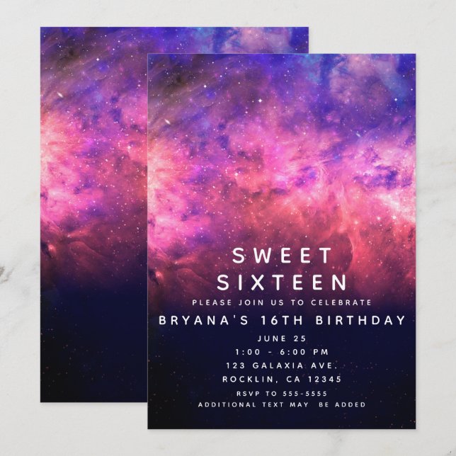 Rosa Lila Starry Himlar Cosmic Galaxy Sweet 16 Inbjudningar (Fram/baksida)