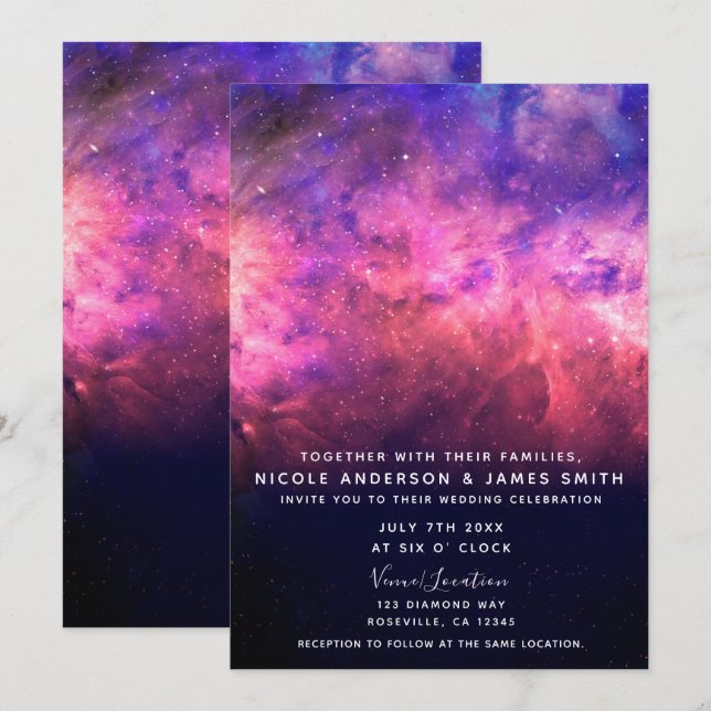 Rosa lila stjärnhimmel Kosmisk galax himmel bröllo Inbjudningar (Fram/baksida)