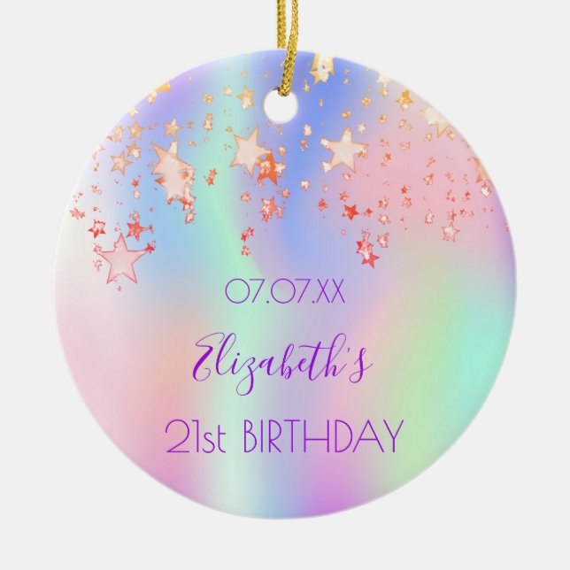 Rosa lila-stjärnor vid födelsedagens , holografisk julgransprydnad keramik (Framsidan)