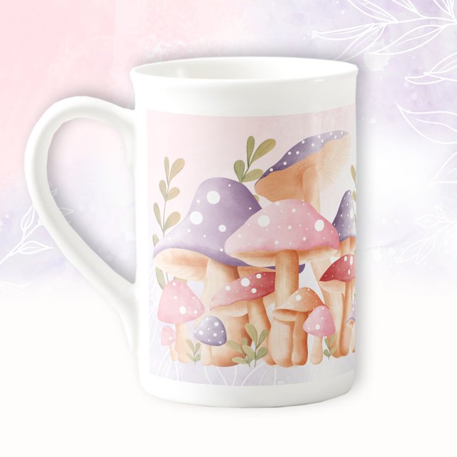 Rosa Lila Svampar Cute Fall Namn Benporslin Mugg (Pink Purple Mushrooms Cute Fall Name Bone China Mug)