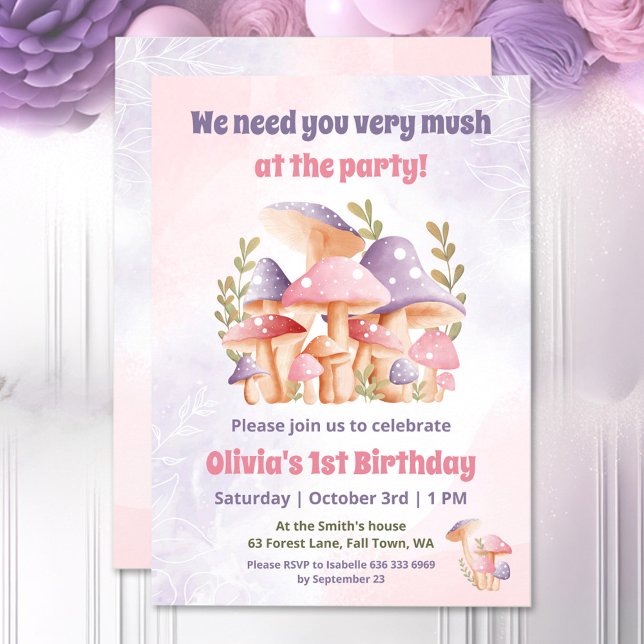 Rosa Lila Svampar Fall 1:a födelsedagsinbjudan Inbjudningar (Pink Purple Mushrooms Fall 1st Birthday Invitation)