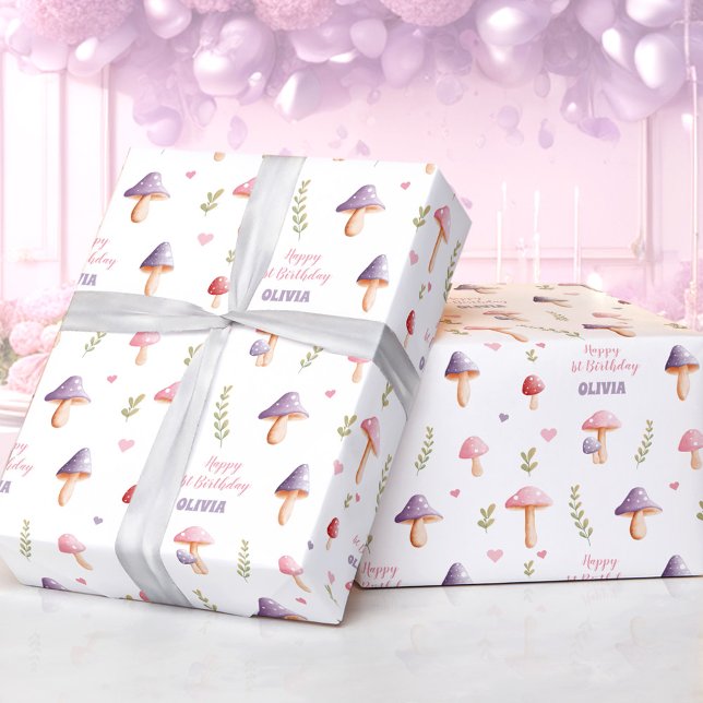 Rosa Lila Svampar Fall Namn Wrapping Papper Presentpapper (Pink Purple Mushrooms Fall Name Wrapping Paper)