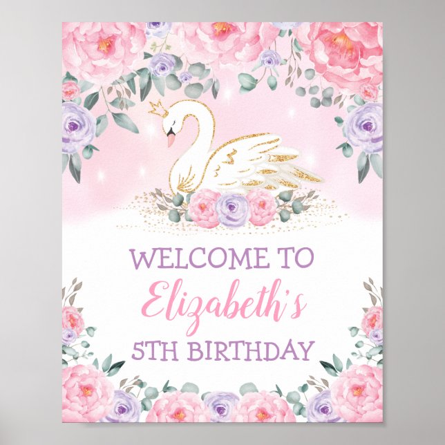 Rosa Lila Svan Princess Birthday Välkommen Poster (Framsidan)