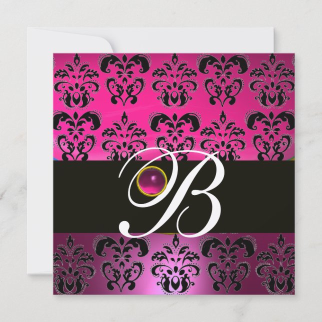 ROSA LILA SVART DAMASK MONOGRAM Amethyst Fuchsia Inbjudningar (Framsida)