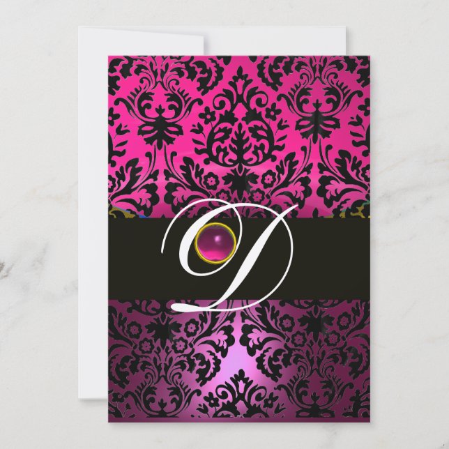 ROSA LILA SVART DAMASK MONOGRAM Amethyst Fuchsia Inbjudningar (Framsida)