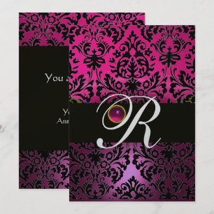 ROSA LILA SVART DAMASK MONOGRAM Amethyst Fuchsia Inbjudningar