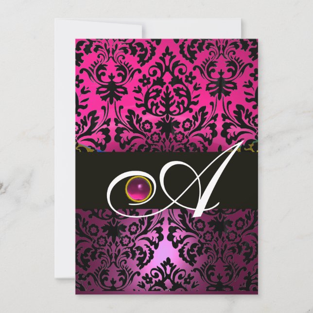 ROSA LILA SVART DAMASK MONOGRAM Amethyst Fuchsia Inbjudningar (Framsida)