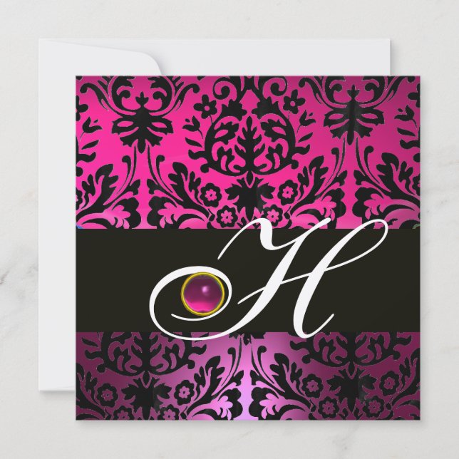 ROSA LILA SVART DAMASK MONOGRAM Amethyst Fuchsia Inbjudningar (Framsida)