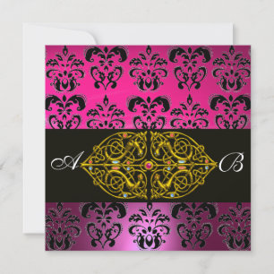 ROSA LILA SVART DAMASK MONOGRAM ,fuchsia,guld Inbjudningar