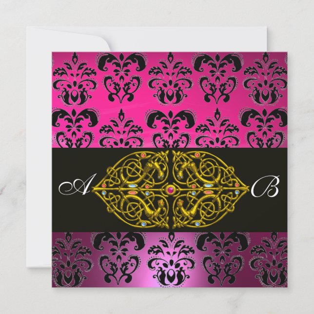 ROSA LILA SVART  DAMASK MONOGRAM ,fuchsia,guld Inbjudningar (Framsida)
