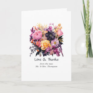 Rosa, lila, svart och guld blommande bröllop tack kort