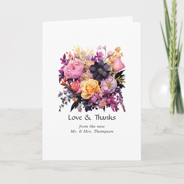 Rosa, lila, svart och guld blommande bröllop tack kort (Framsida)