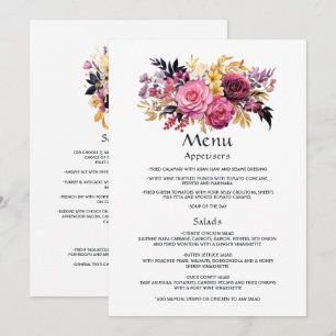 Rosa, lila, svart och guld blommig gästinformation meny
