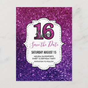 Rosa & lila Sweet 16 Glänsande Save the Date Vykort