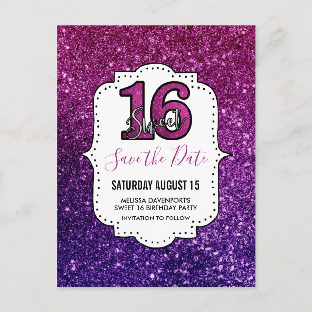 Rosa & lila Sweet 16 Glänsande Save the Date Vykort (Framsida)