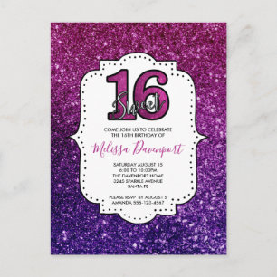 Rosa & lila Sweet 16 Glitter Glänsande Ädelstenar Vykort