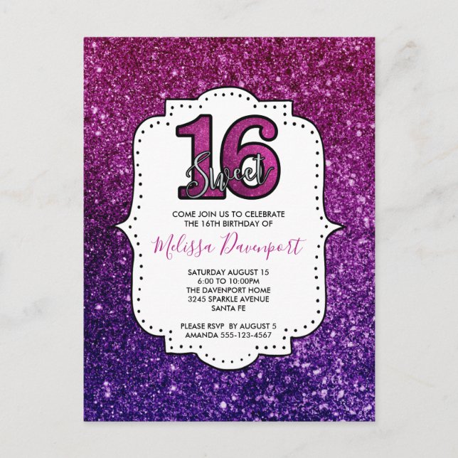Rosa & lila Sweet 16 Glitter Glänsande Ädelstenar Vykort (Framsida)