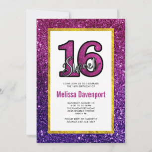 Rosa & lila Sweet 16 Glitter Glimmer Stenar Inbjudningar