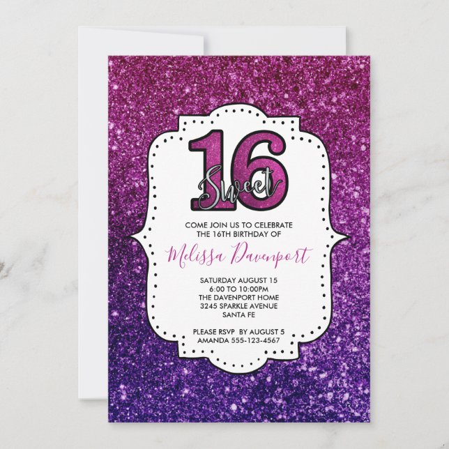 Rosa & Lila Sweet 16 Gnistra Glitter Gemstones Inbjudningar (Framsida)