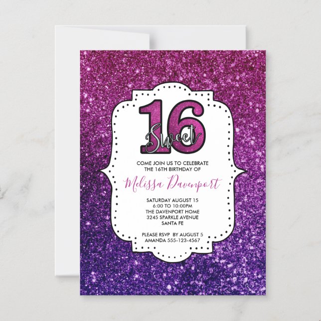 Rosa & Lila Sweet 16 Gnistra Glitter Gemstones Magnetisk Inbjudningskort (Framsida)