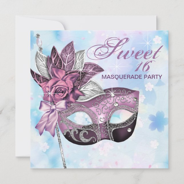 Rosa lila Sweet 16 maskeradfest Inbjudningar (Framsida)