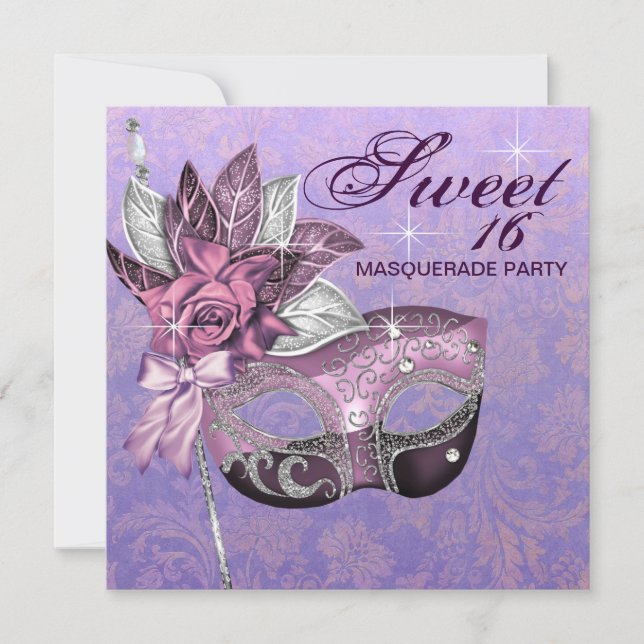 Rosa lila Sweet 16 maskeradfest Inbjudningar (Framsida)