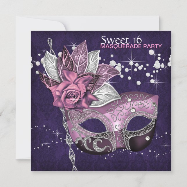 Rosa lila Sweet 16 maskeradfest Inbjudningar (Framsida)