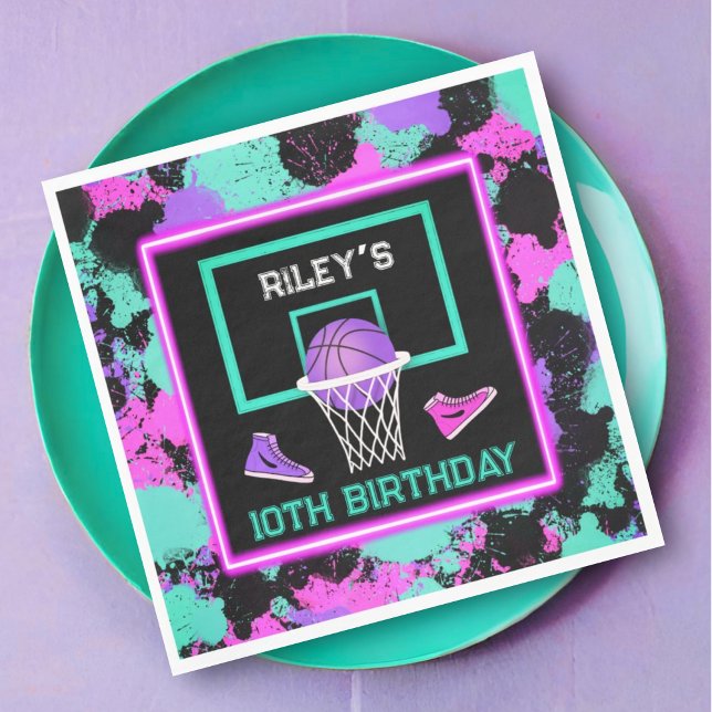 Rosa Lila Teal PaintSplatter Basketball Birthday Pappersservett (Skapare uppladdad)