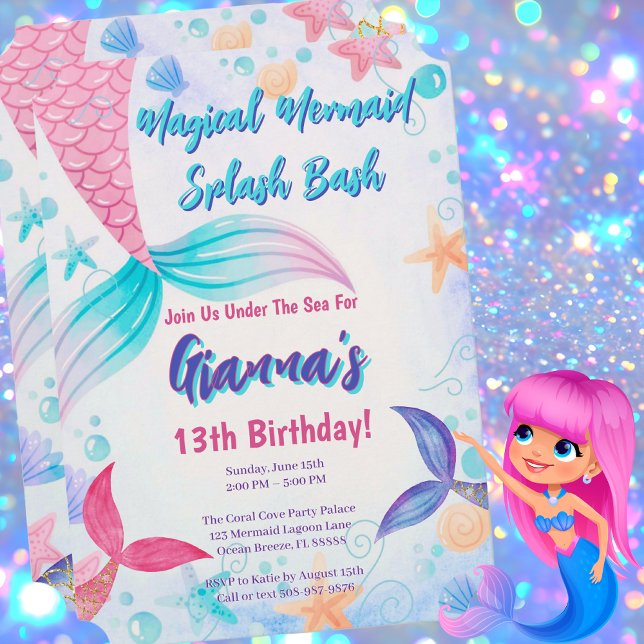 Rosa Lila Teal Sjöjungfru Stänk Födelsedagsfest Inbjudningar (Magical Mermaid Birthday Party Invitation)