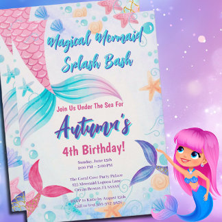 Rosa Lila Teal Sjöjungfru Svan Födelsedagsfest Inbjudningar