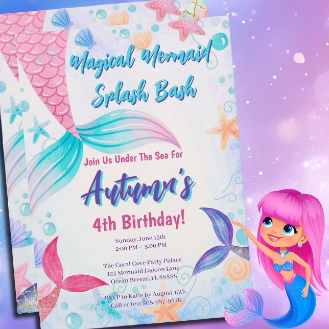 Rosa Lila Teal Sjöjungfru Svan Födelsedagsfest Inbjudningar (Mermaid Splash Bash Birthday Invite for an Under the Sea Party that will be unforgettable )