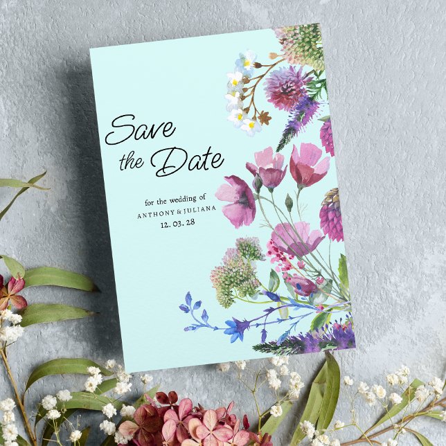 Rosa Lila Teal Wildblomma Sommardatum Inbjudningar (Pink Purple Teal Wildflower Summer Save the Date)