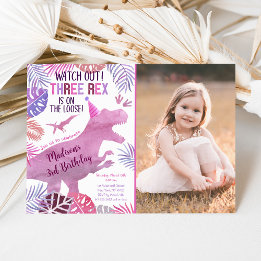 Rosa Lila Three Rex Girl Dinosaur Birthday Inbjudningar