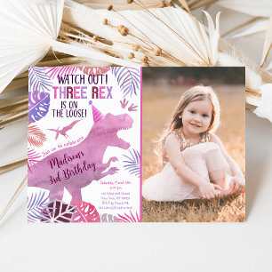 Rosa Lila Three Rex Girl Dinosaur Birthday Inbjudningar