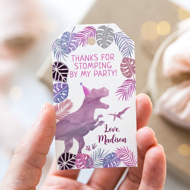 Rosa Lila Three Rex Girl Dinosaur Birthday Presentetikett (Skapare uppladdad)