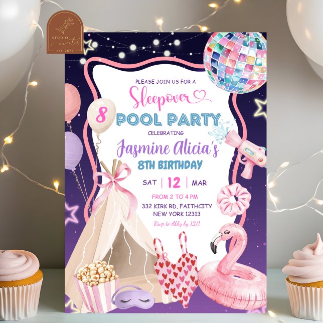 Rosa lila tjej sovmässa poolparty födelsedag inbjudningar (Skapare uppladdad)
