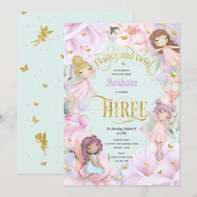 Rosa lila-trädgårdsodling, fairy, 3-årsdag i inbjudningar (Fram/baksida)