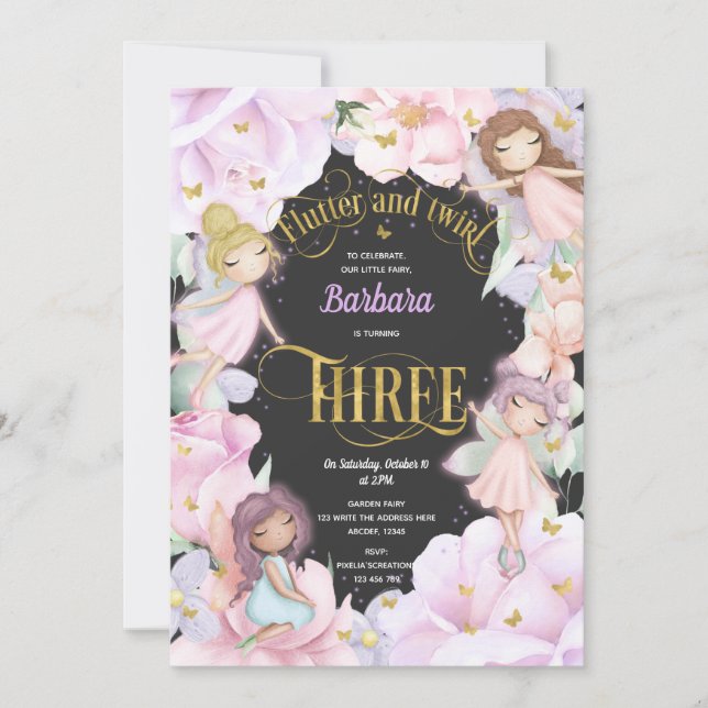 Rosa lila-trädgårdsodling, fairy, 3-årsdag i inbjudningar (Framsida)