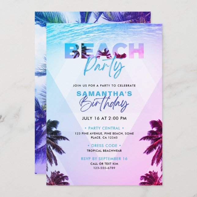 Rosa & Lila Tropical Beach Sunset Födelsedagsfest Inbjudningar (Fram/baksida)