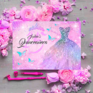 Rosa Lila Turkos Glittrig Klänning Quinceanera Inbjudningar
