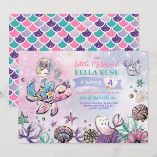 Rosa Lila Turquise Sjöjungfru Bassäng Party födels Inbjudningar